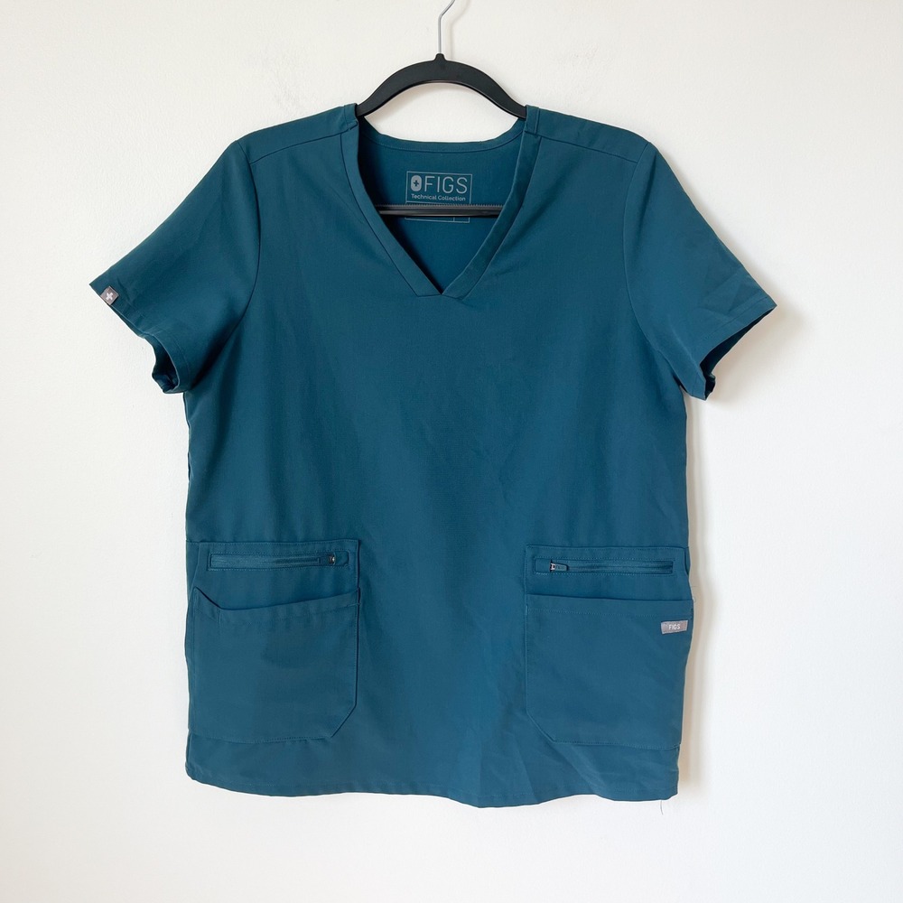 FIGS Accra Multi Pocket Scrub Top Womens Medium Caribbean Blue